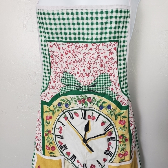 Vintage Apron Smock Green Gingham Plaid Red Apples Clock Yellow Fall Harvest - Picture 5 of 7